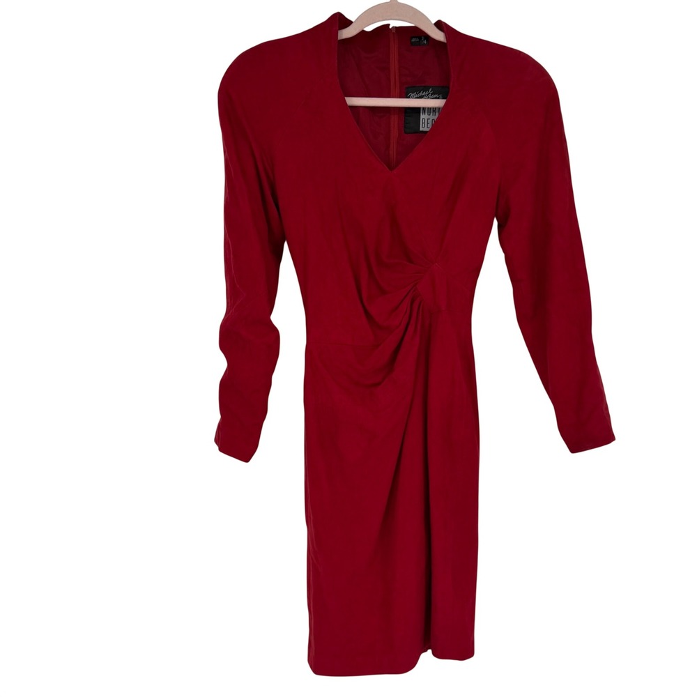 Michael Hoban North Beach Red Suede Leather V-Neck Twist Front Mini Dress 3/4